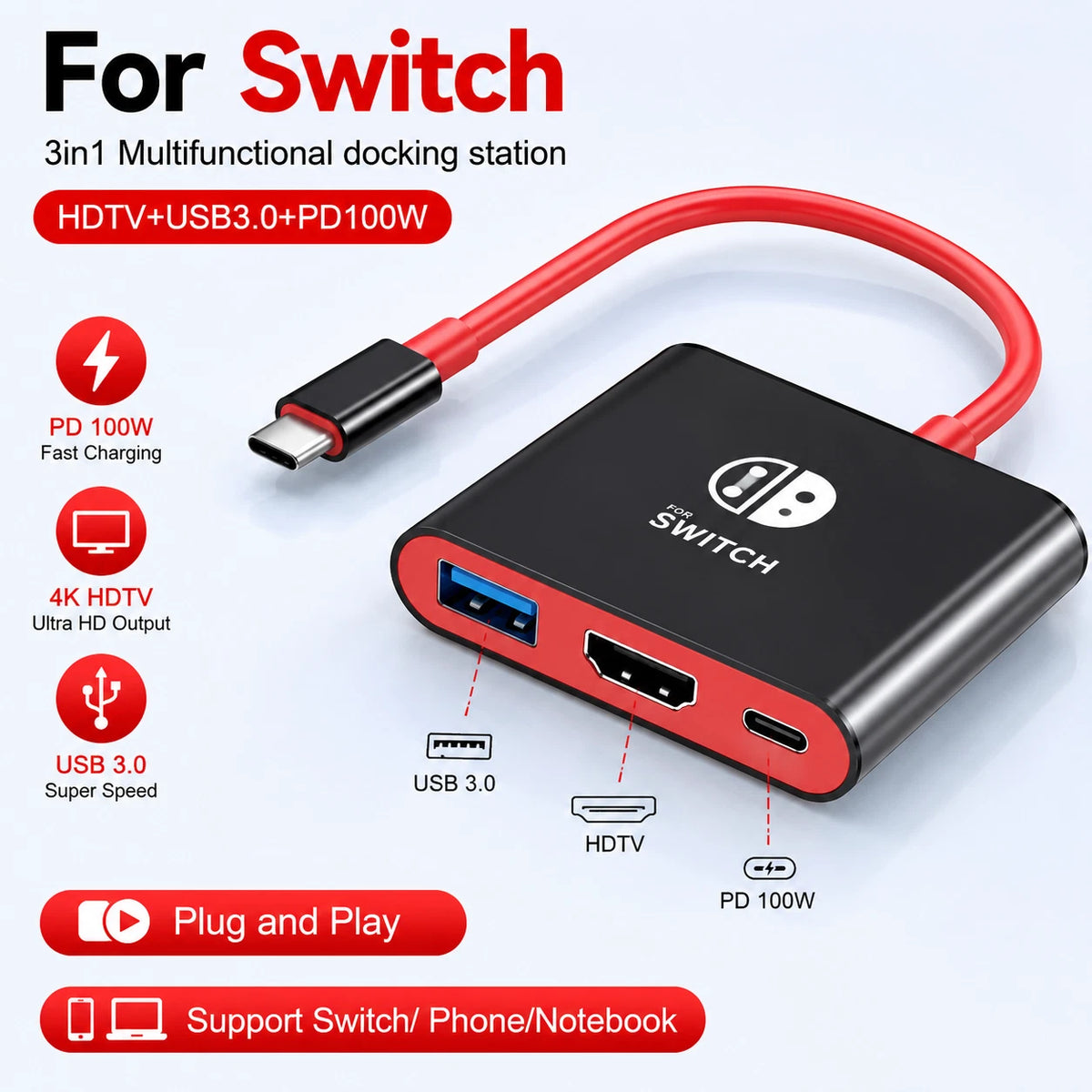 HDMI TV Dock For Nintendo Switch 1/2/OLED Docking Replacement Adapter Converter